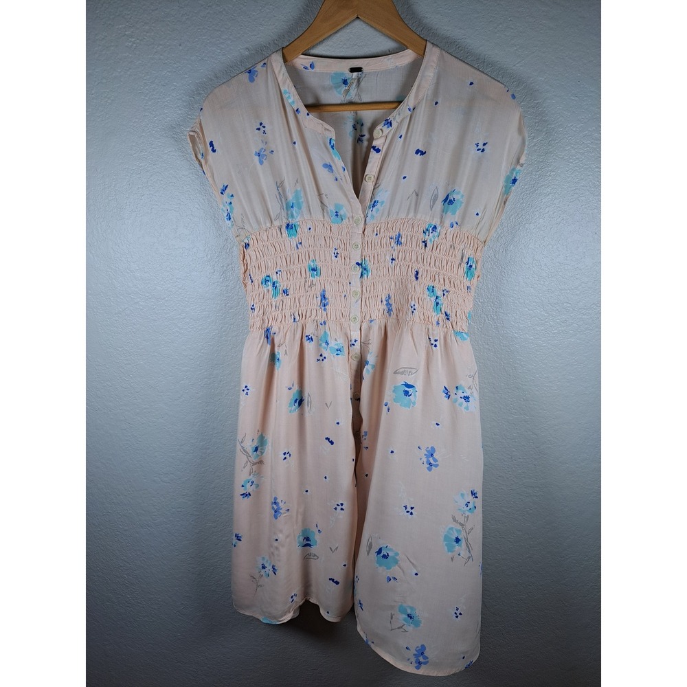 Free People Floral Smocked Waist Mini Dress Peach Blue Button Front Rayon Large